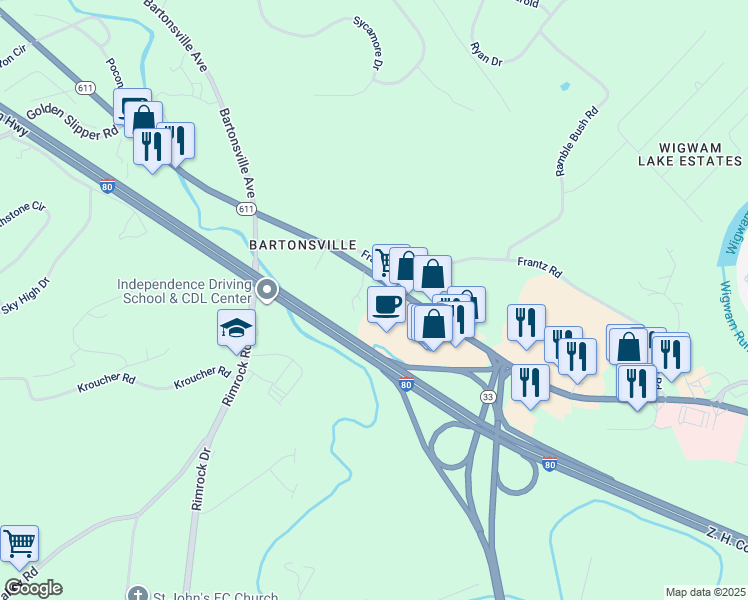 map of restaurants, bars, coffee shops, grocery stores, and more near 109 Kirk Lane in Stroudsburg
