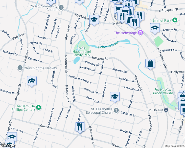 map of restaurants, bars, coffee shops, grocery stores, and more near 333 Hamilton Road in Ridgewood