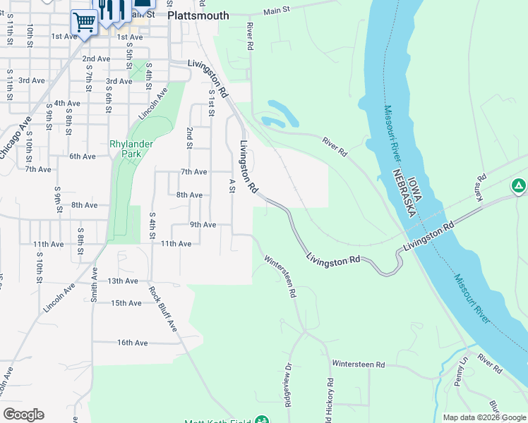 map of restaurants, bars, coffee shops, grocery stores, and more near 801 Livingston Road in Plattsmouth