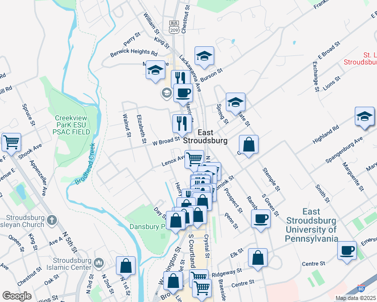 map of restaurants, bars, coffee shops, grocery stores, and more near 115 North Courtland Street in East Stroudsburg