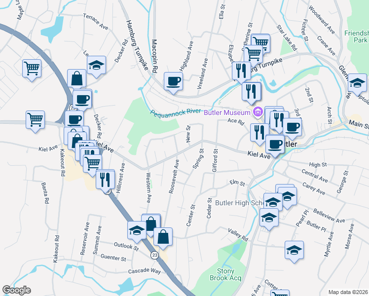 map of restaurants, bars, coffee shops, grocery stores, and more near 61 North Western Avenue in Butler