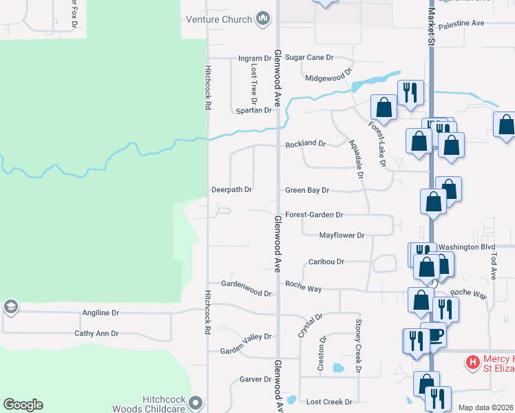 map of restaurants, bars, coffee shops, grocery stores, and more near 8098 Glenwood Avenue in Youngstown