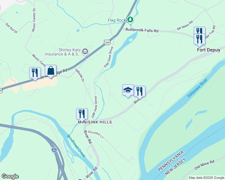 map of restaurants, bars, coffee shops, grocery stores, and more near Old Mill Road in East Stroudsburg
