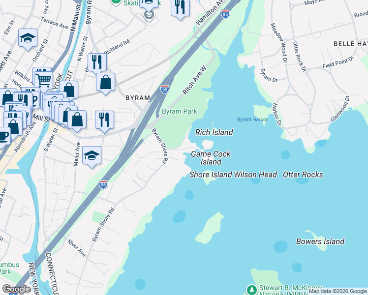 map of restaurants, bars, coffee shops, grocery stores, and more near 36 Game Cock Road in Greenwich