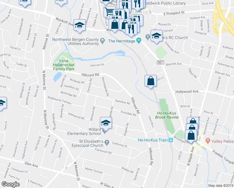 map of restaurants, bars, coffee shops, grocery stores, and more near 124 Richards Road in Ridgewood