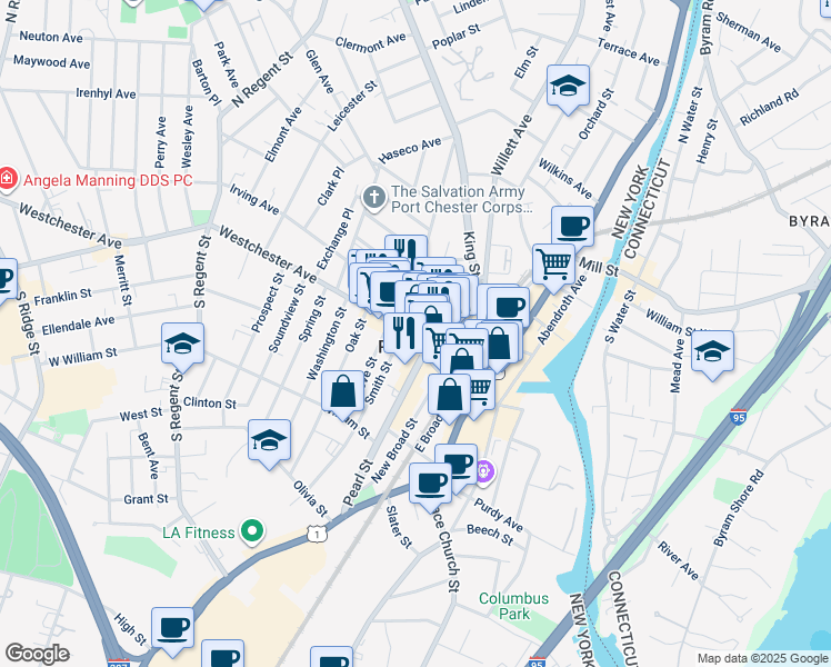 map of restaurants, bars, coffee shops, grocery stores, and more near 168A Irving Avenue in Port Chester