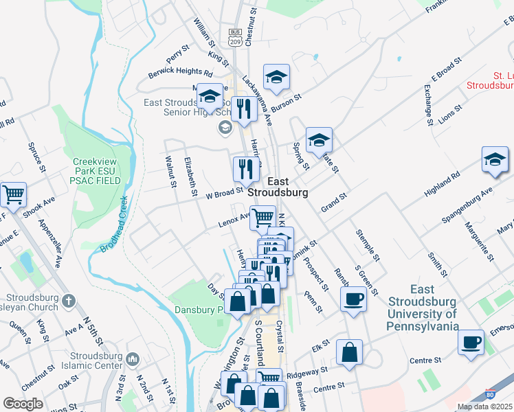 map of restaurants, bars, coffee shops, grocery stores, and more near 100 North Courtland Street in East Stroudsburg