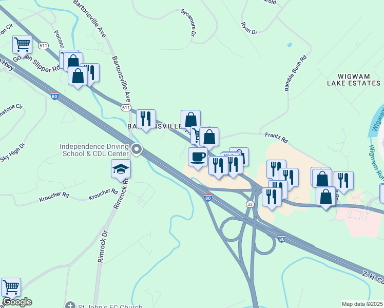 map of restaurants, bars, coffee shops, grocery stores, and more near 109 Kirk Lane in Stroudsburg