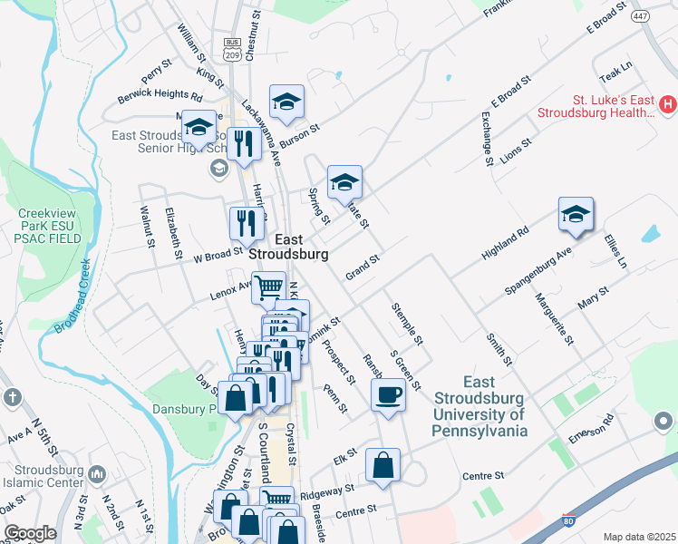 map of restaurants, bars, coffee shops, grocery stores, and more near 48 North Green Street in East Stroudsburg