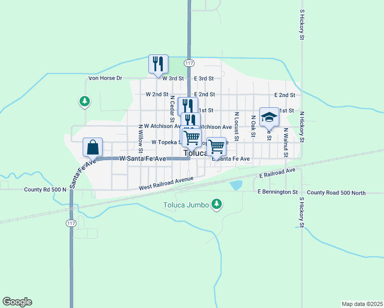 map of restaurants, bars, coffee shops, grocery stores, and more near 108 North Main Street in Toluca