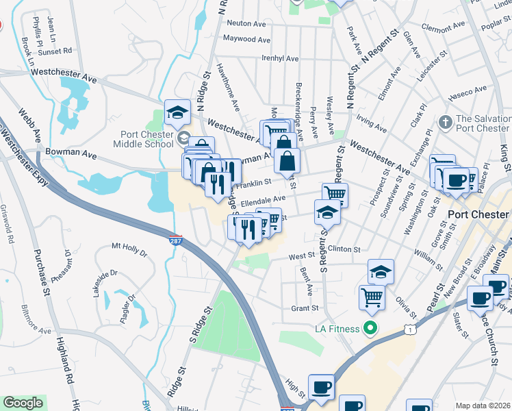 map of restaurants, bars, coffee shops, grocery stores, and more near 523 Ellendale Avenue in Rye Brook