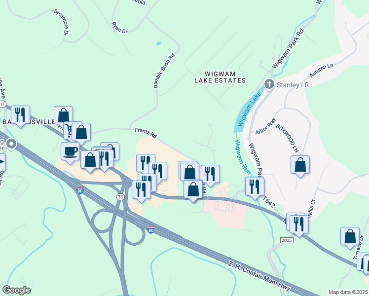 map of restaurants, bars, coffee shops, grocery stores, and more near 243 Frantz Road in Stroudsburg