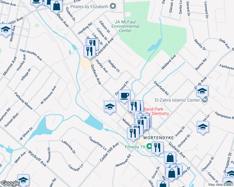map of restaurants, bars, coffee shops, grocery stores, and more near Elmwood Place in Wyckoff
