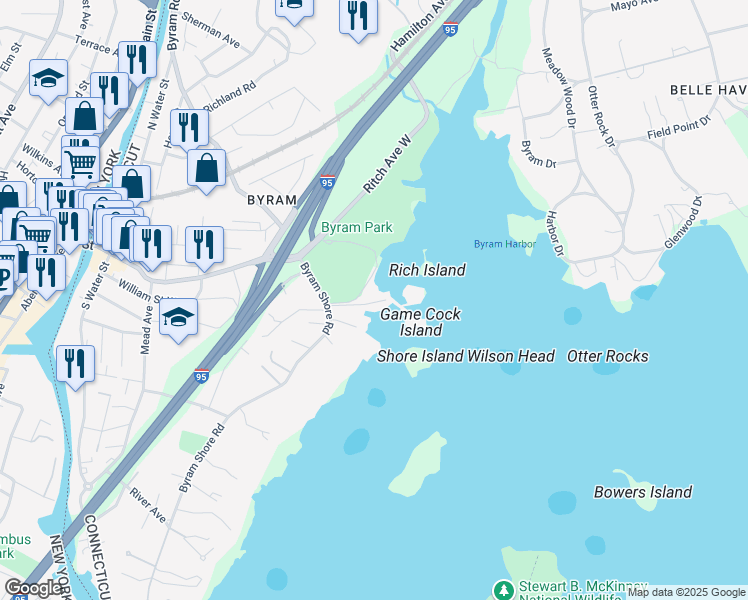 map of restaurants, bars, coffee shops, grocery stores, and more near 36 Game Cock Road in Greenwich