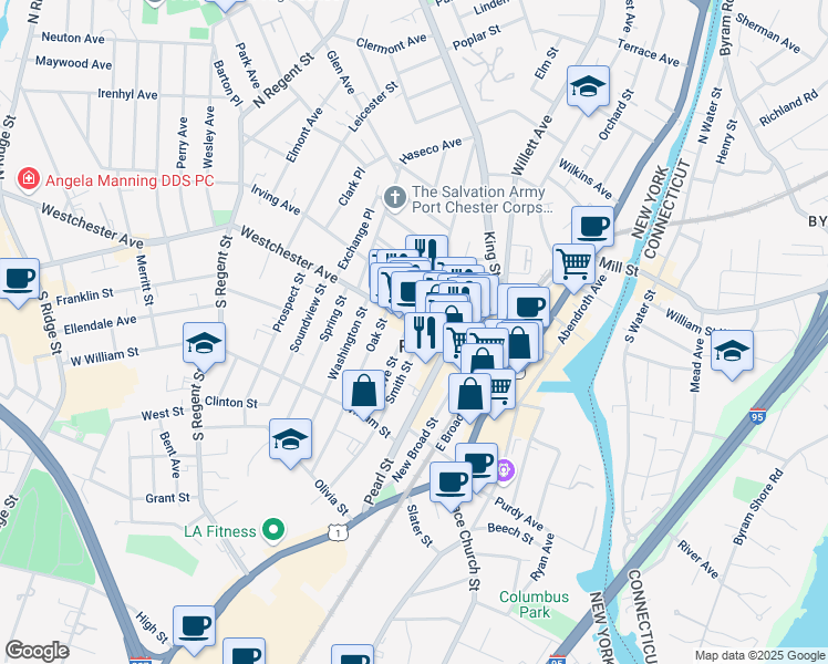 map of restaurants, bars, coffee shops, grocery stores, and more near 168A Irving Avenue in Port Chester
