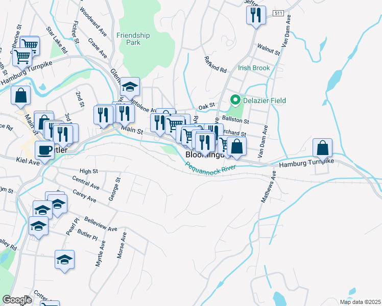 map of restaurants, bars, coffee shops, grocery stores, and more near 62 Main Street in Bloomingdale