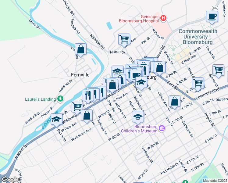 map of restaurants, bars, coffee shops, grocery stores, and more near 150 West Ridge Avenue in Bloomsburg
