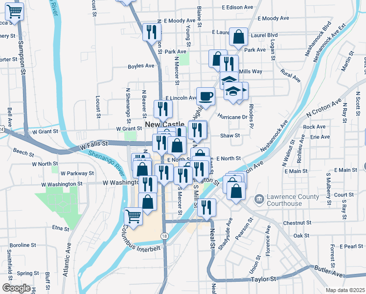 map of restaurants, bars, coffee shops, grocery stores, and more near 201 North Mercer Street in New Castle