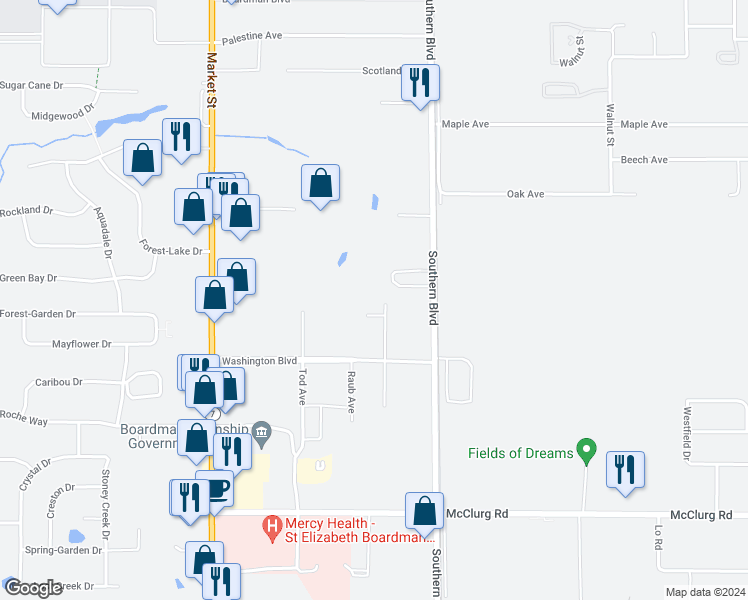 map of restaurants, bars, coffee shops, grocery stores, and more near 164 Stadler Court in Youngstown