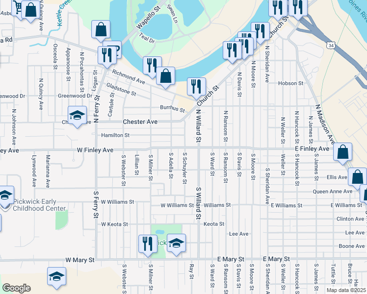 map of restaurants, bars, coffee shops, grocery stores, and more near 198 North Schuyler Street in Ottumwa
