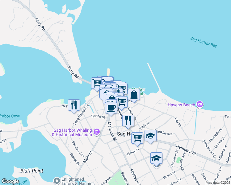 map of restaurants, bars, coffee shops, grocery stores, and more near 7 Bay Street in Sag Harbor