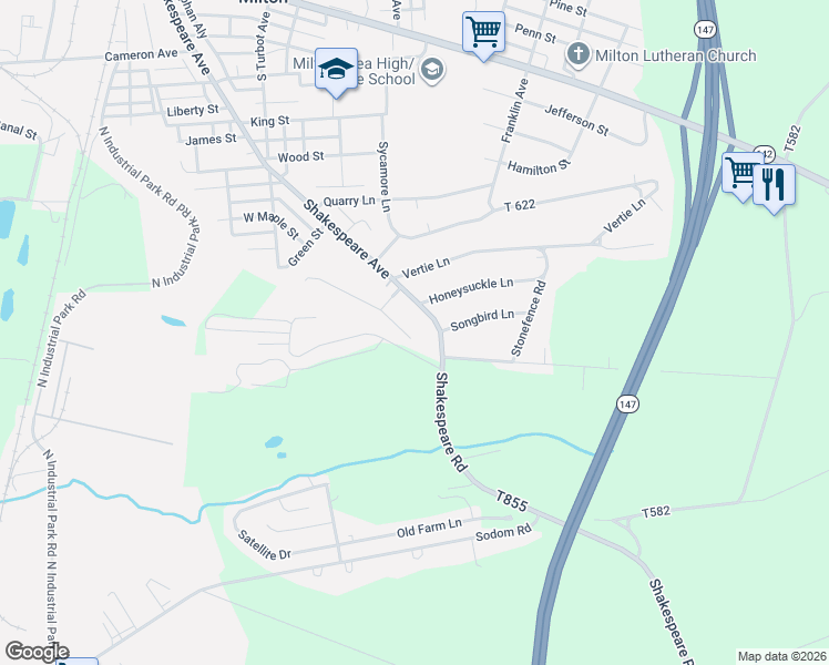 map of restaurants, bars, coffee shops, grocery stores, and more near 3 Woodside Drive in Milton