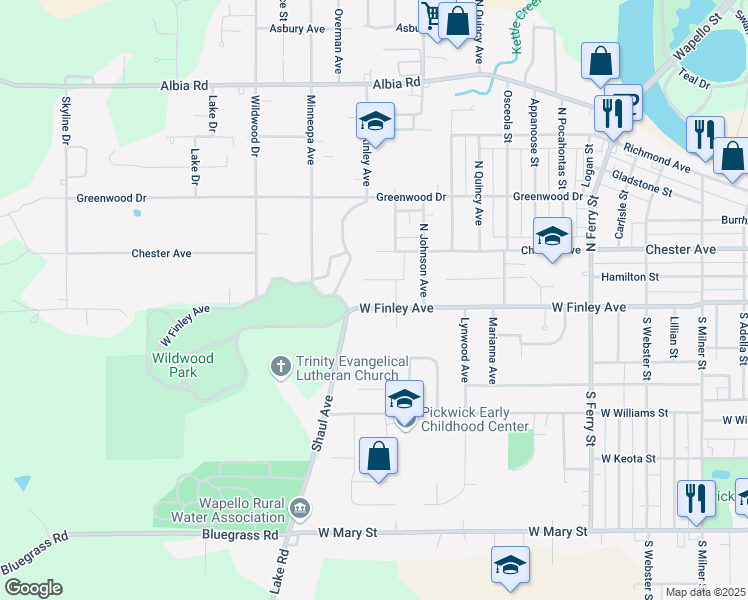 map of restaurants, bars, coffee shops, grocery stores, and more near 1598 Hamilton Street in Ottumwa