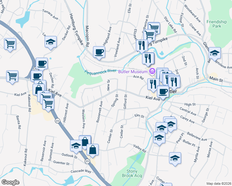 map of restaurants, bars, coffee shops, grocery stores, and more near 80 Kiel Avenue in Butler
