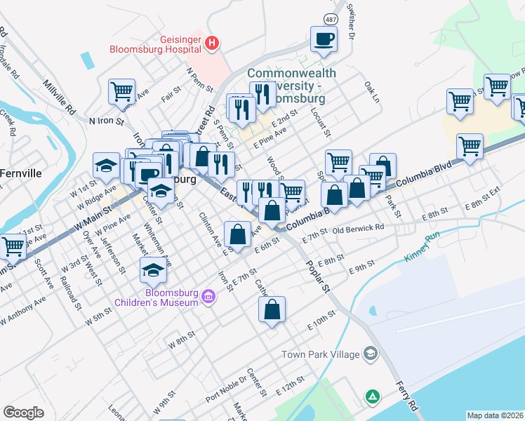 map of restaurants, bars, coffee shops, grocery stores, and more near 459 East Street in Bloomsburg