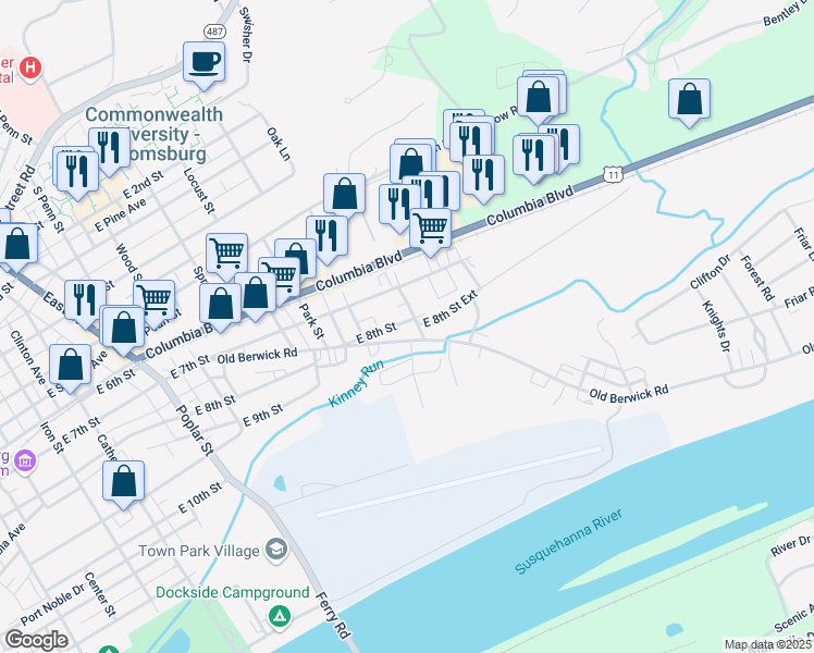 map of restaurants, bars, coffee shops, grocery stores, and more near 922 Ext E 8th Street in Bloomsburg