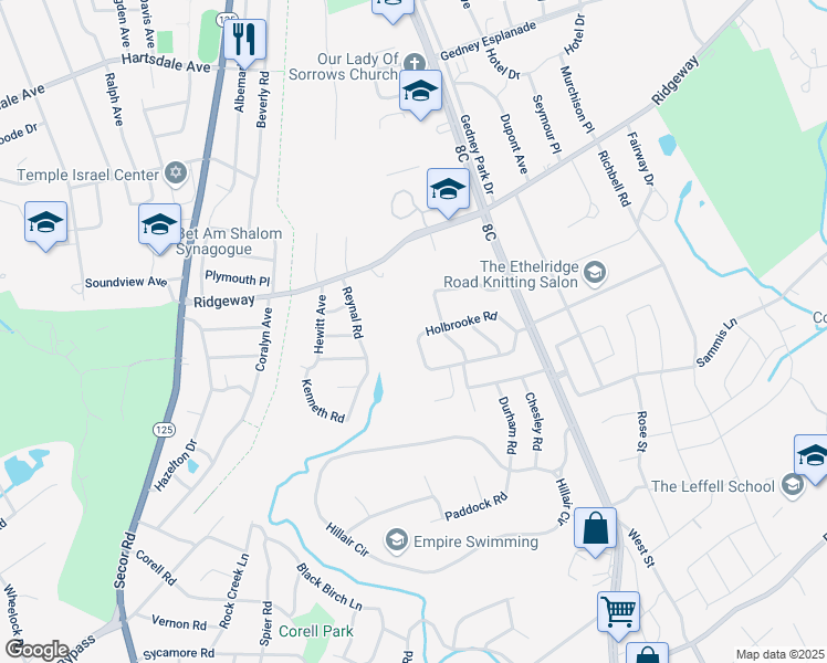 map of restaurants, bars, coffee shops, grocery stores, and more near 64 Holbrooke Road in White Plains