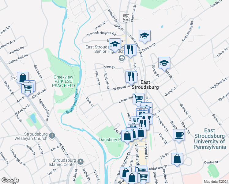 map of restaurants, bars, coffee shops, grocery stores, and more near 79 West Broad Street in East Stroudsburg