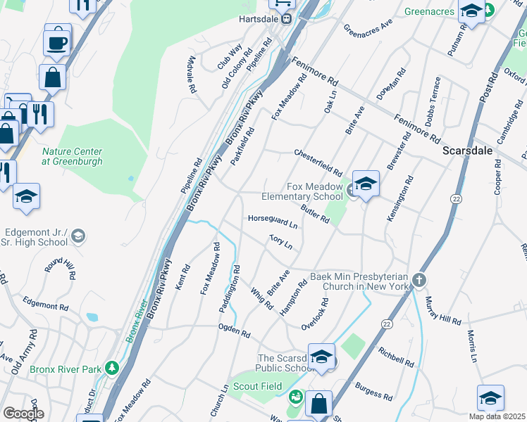 map of restaurants, bars, coffee shops, grocery stores, and more near 7 Horseguard Lane in Scarsdale