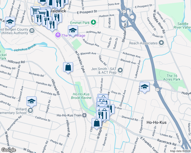 map of restaurants, bars, coffee shops, grocery stores, and more near 125 Hollywood Avenue in Ho-Ho-Kus