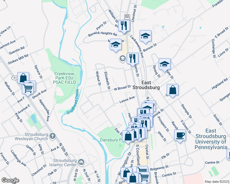 map of restaurants, bars, coffee shops, grocery stores, and more near 79 West Broad Street in East Stroudsburg