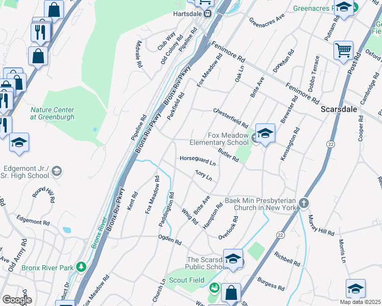 map of restaurants, bars, coffee shops, grocery stores, and more near 7 Horseguard Lane in Scarsdale