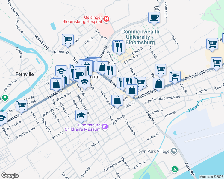 map of restaurants, bars, coffee shops, grocery stores, and more near 215 East 4th Street in Bloomsburg