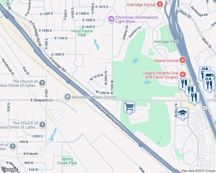 map of restaurants, bars, coffee shops, grocery stores, and more near 1332 North 1580 West in Farmington