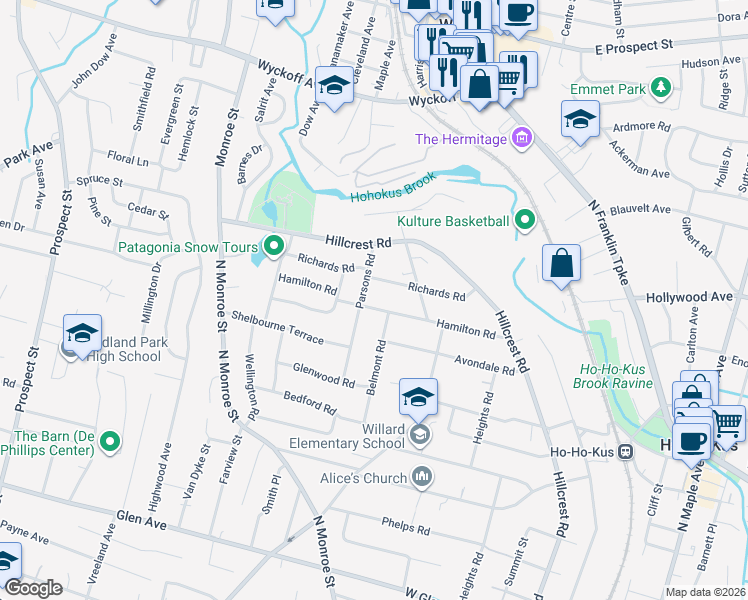 map of restaurants, bars, coffee shops, grocery stores, and more near 317 Hamilton Road in Ridgewood