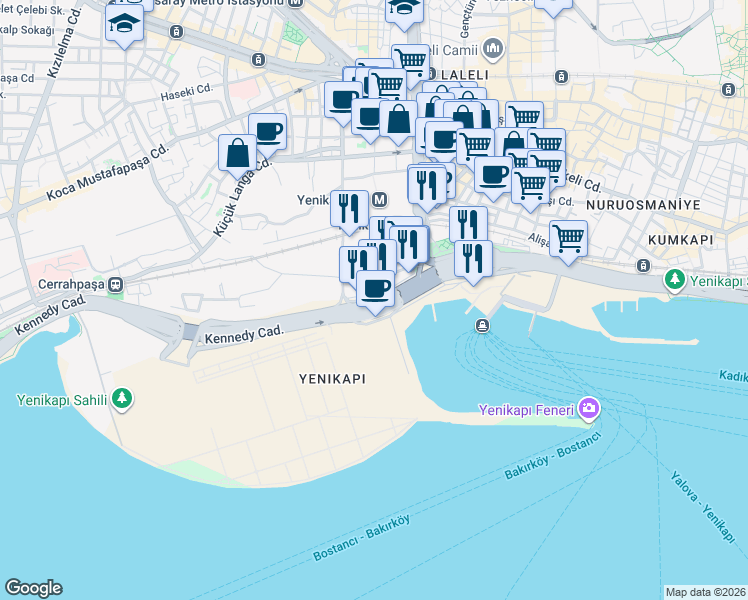 map of restaurants, bars, coffee shops, grocery stores, and more near 34 Kennedy Caddesi in Fatih