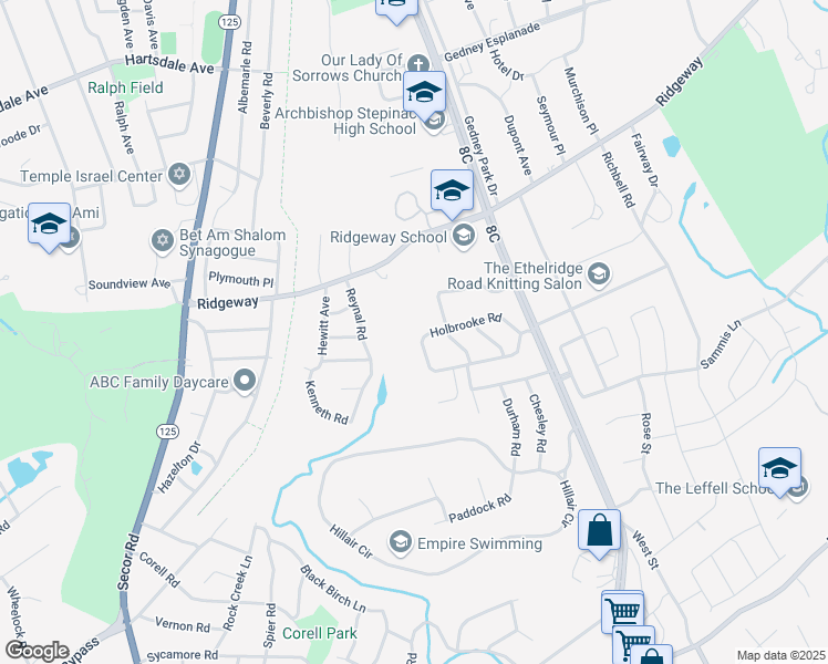 map of restaurants, bars, coffee shops, grocery stores, and more near 64 Holbrooke Road in White Plains