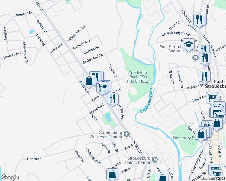 map of restaurants, bars, coffee shops, grocery stores, and more near 424 Shook Avenue in Stroudsburg