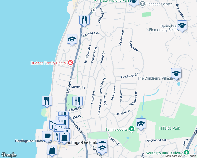 map of restaurants, bars, coffee shops, grocery stores, and more near 6 Bellair Drive in Hastings-on-Hudson