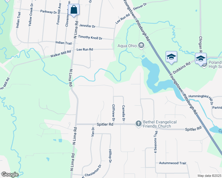 map of restaurants, bars, coffee shops, grocery stores, and more near 8010 Cliffview Drive in Youngstown