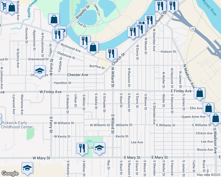 map of restaurants, bars, coffee shops, grocery stores, and more near 100-198 North Schuyler Street in Ottumwa