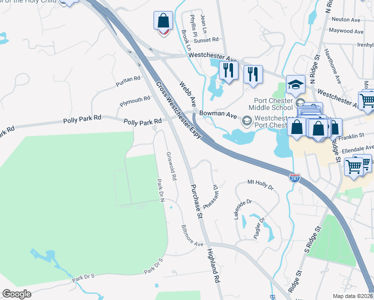 map of restaurants, bars, coffee shops, grocery stores, and more near 611 Purchase Street in Rye