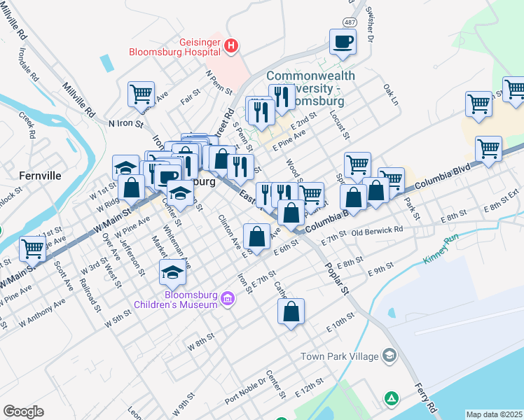 map of restaurants, bars, coffee shops, grocery stores, and more near 418 East Street in Bloomsburg