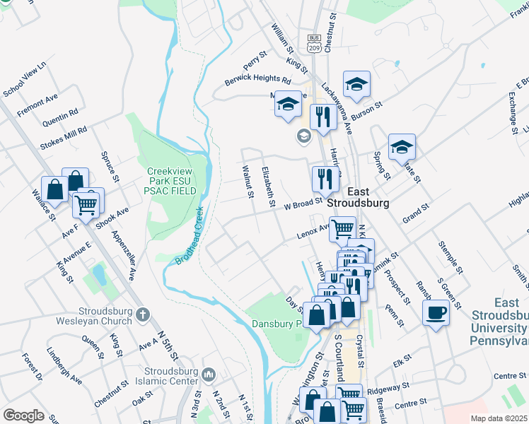 map of restaurants, bars, coffee shops, grocery stores, and more near 114 West Broad Street in East Stroudsburg