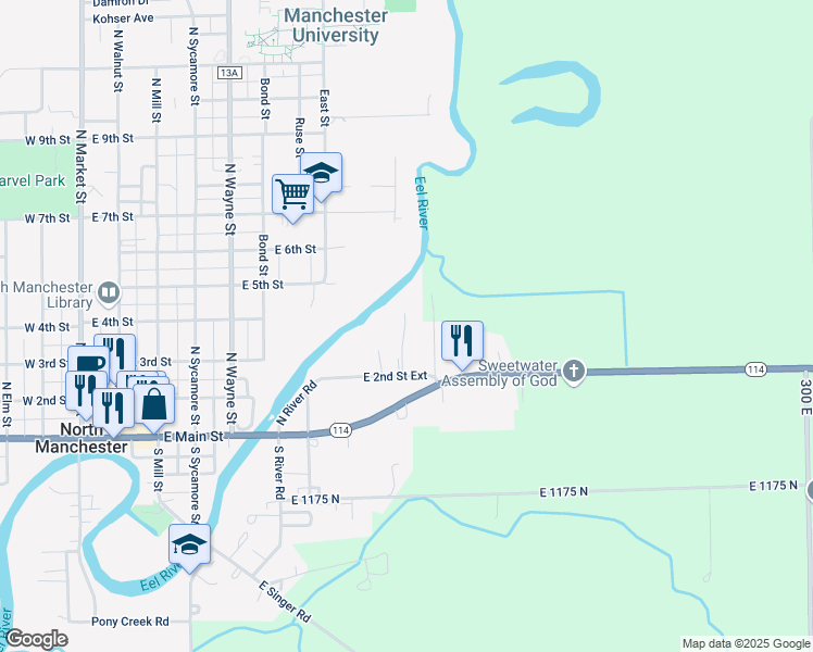 map of restaurants, bars, coffee shops, grocery stores, and more near 1004 East 2nd Street Extension in North Manchester
