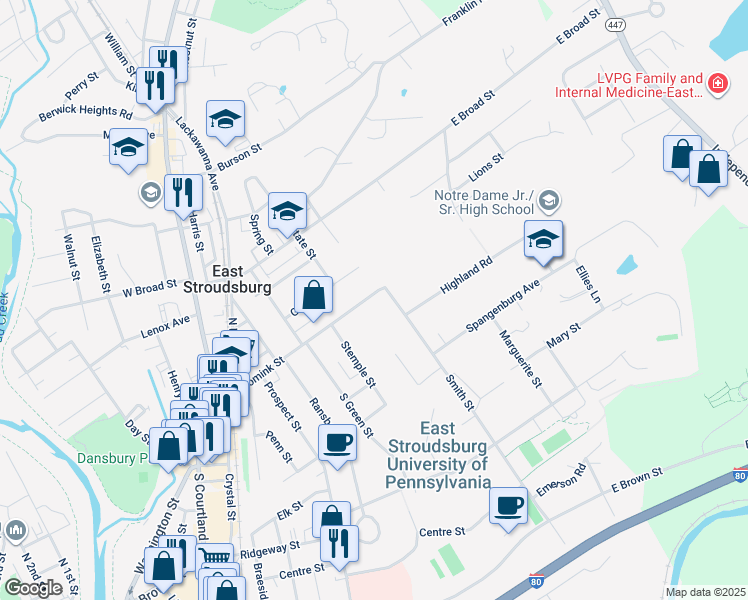 map of restaurants, bars, coffee shops, grocery stores, and more near 221 Analomink Street in East Stroudsburg